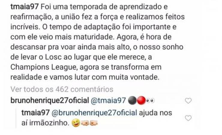 Bruno Henrique comenta em foto de Thiago Maia, que brinca: 'Ajuda nós'