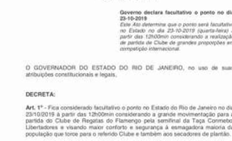 Governo do Rio desmente boato de ponto facultativo em jogo do Fla