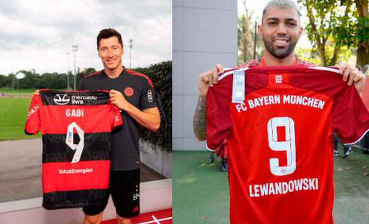 Lewandowski, do Bayern de Munique, e Gabigol, do Flamengo, trocam camisas; confira