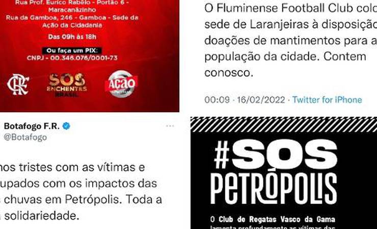 Bota, Fla, Flu e Vasco recolhem doações às vítimas das chuvas em Petrópolis