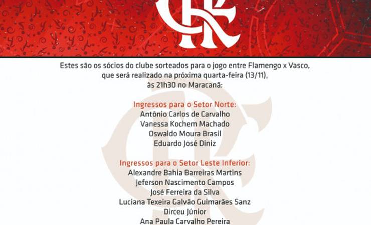 Confira os sócios que ganharam ingressos para a partida contra o Vasco