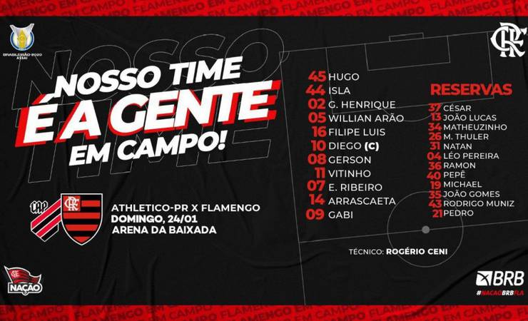 Flamengo divulga escalação para enfrentar o Athletico