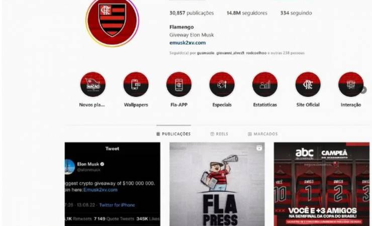 Conta do Flamengo é hackeada no Instagram e faz postagem sobre criptomoeda