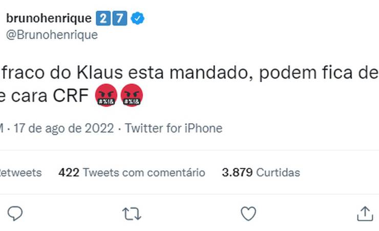 Bruno Henrique critica árbitro de Athletico-PR x Flamengo: "Esse fraco do Claus está mandado"