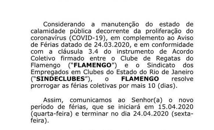 Flamengo amplia em dez dias as férias de seus funcionários; retorno será dia 24 de abril