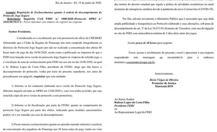 Ministério Público do RJ pede esclarecimentos à Ferj sobre descumprimento de protocolo