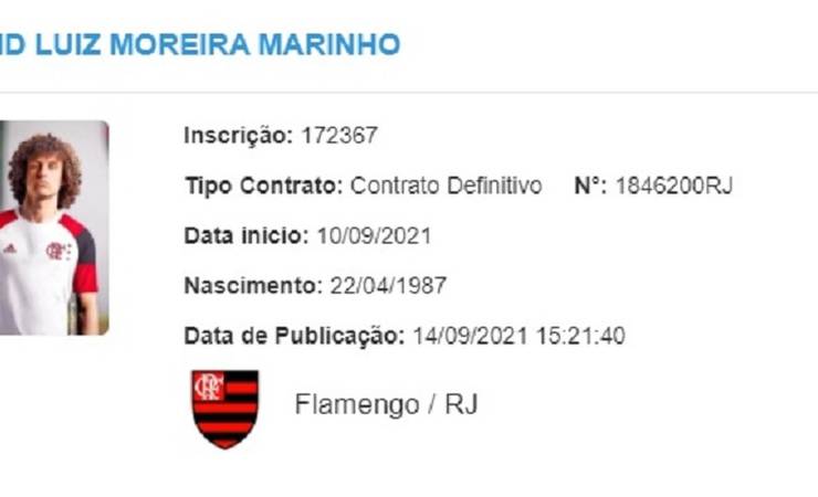 David Luiz é regularizado, aparece no BID da CBF e pode estrear pelo Flamengo no Brasileirão