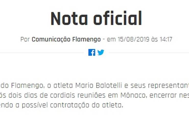 Em nota oficial, Flamengo comunica que encerrou negociações com Balotelli